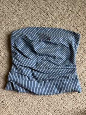 Zara Blue and Cream Striped Strapless Ruched Top
